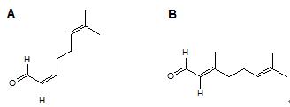 A:橙花醛 B:香叶醛的化学结构