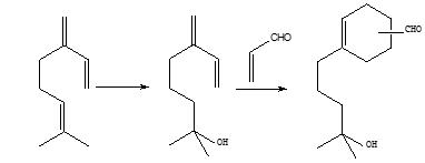 月桂烯水合生成月桂烯醇再与丙烯醛反应制备新铃兰醛