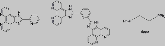 1. 2-吡啶基-(咪唑并[4,5-f][1,10]邻菲咯啉)、2,6-吡啶基-(咪唑并[4,5-f][1,10]邻菲咯啉)以及双磷配体(dppe)的结构示意图